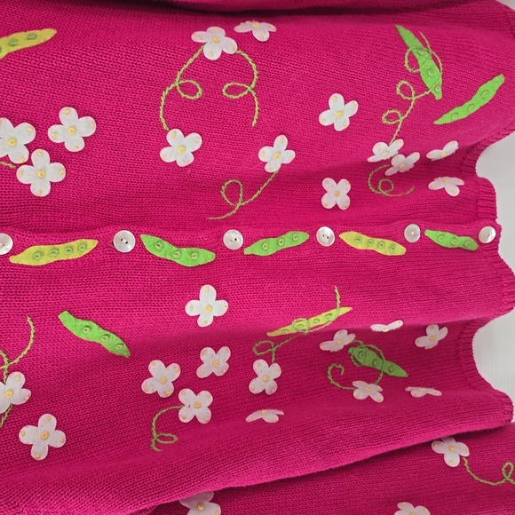 Talbots Pink Ramie Blend Cardigan Felt Sweet Peas Floral Embroidery Size Medium - Picture 6 of 13